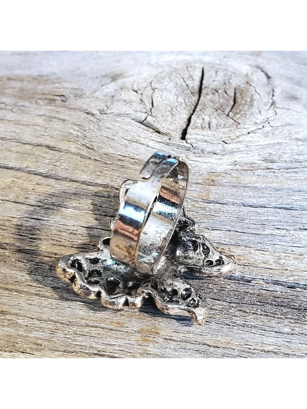 Vintage Y2K 90s Blue Crystal Butterfly Silver Adjustable Cocktail Ring